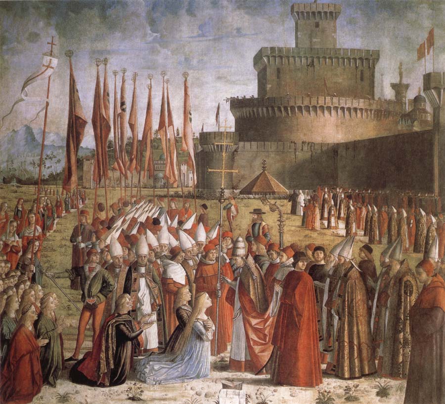 Scenes from the Life of St Ursula:The Pilgrims are met by Pope Cyriacus in front of the Walls of Rome
